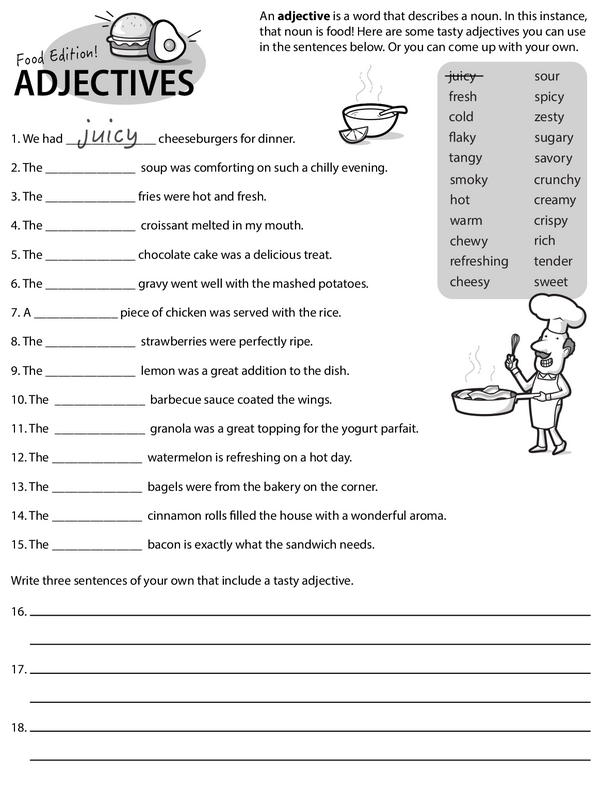 Adjective Practice: Creating Descriptive Sentences- Adding Adjectives to Describe Food