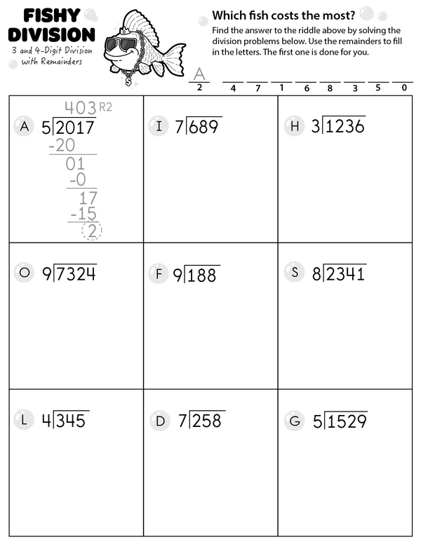 Three and Four-digit Division with Remainders - Fishy Division Riddle