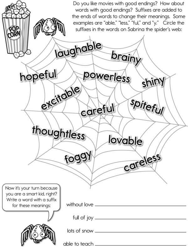 Circle the Suffixes in the Words on Sabrina the Spider's Web