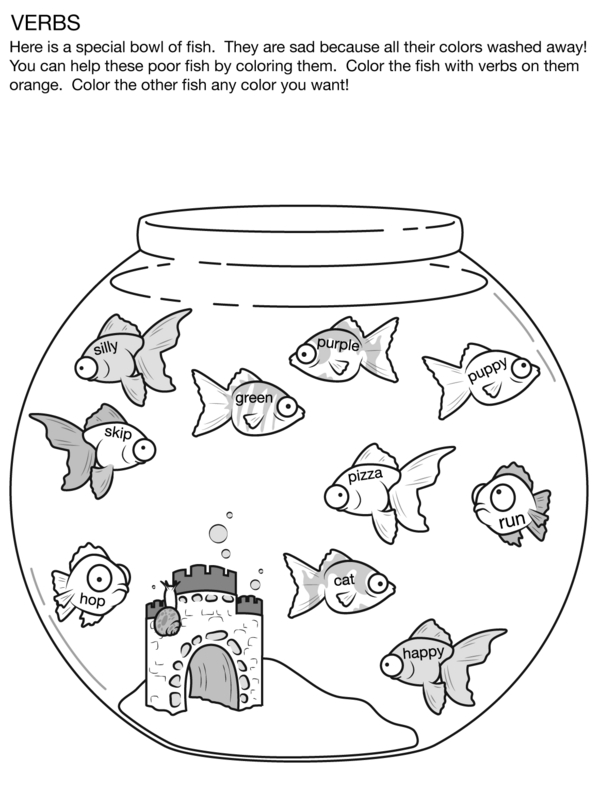 Color the Fish Labeled With Verbs Worksheet