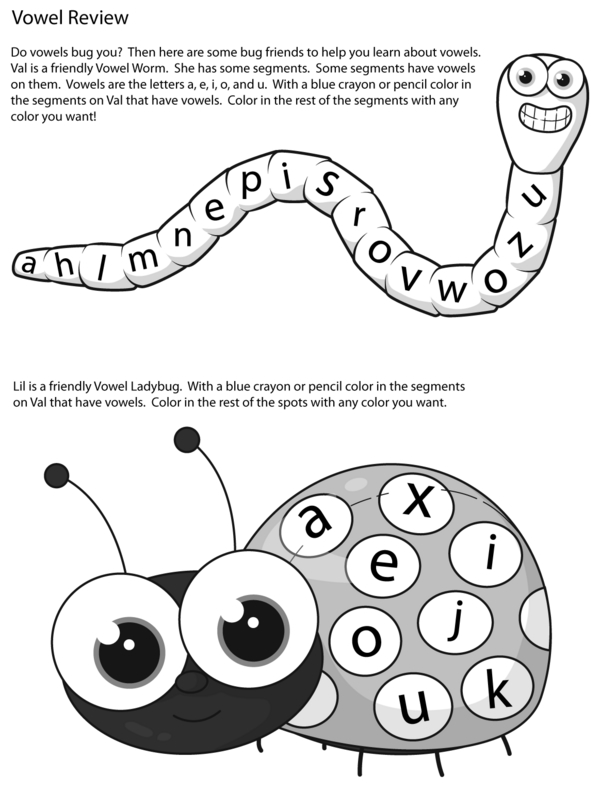 Color the Vowels on Val the Worm and Lil the Ladybug