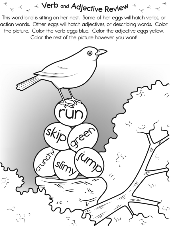 Color the Word Bird's Verb and Adjective Eggs