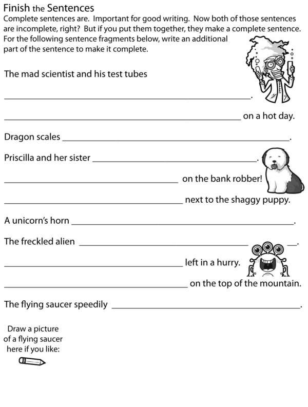 Creating Complete Sentences From Fragments: A Finish the Sentence Worksheet