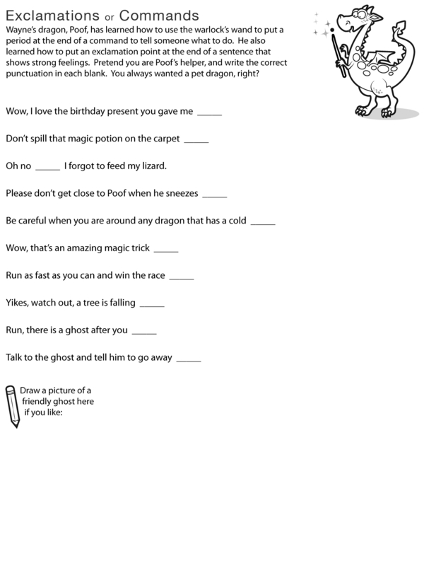 Exclamations and Commands Practice with Poof the Dragon: A Fill-in-the-Blank Worksheet