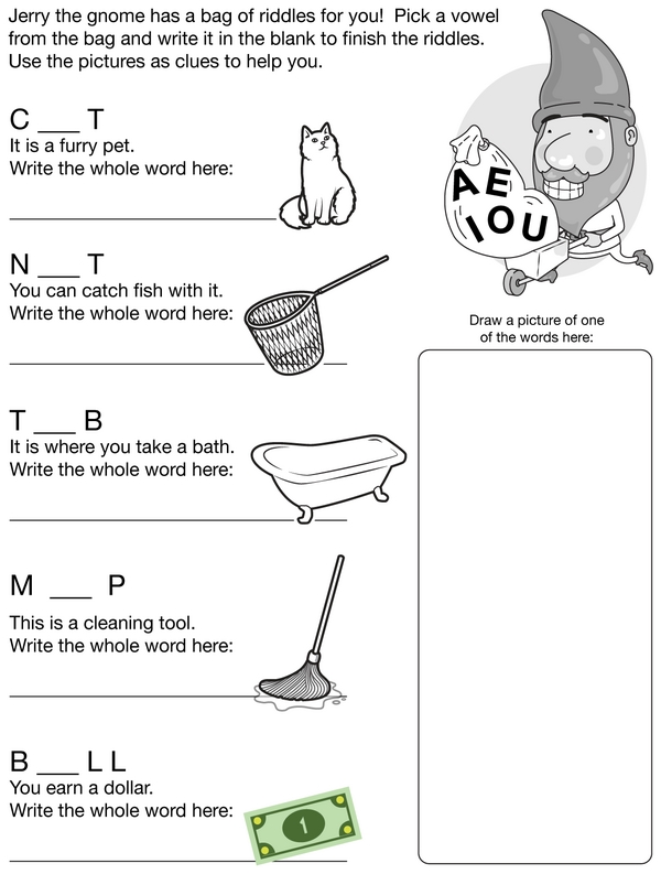 Finish the Words By Filling in a Vowel From Jerry the Gnome's Bag