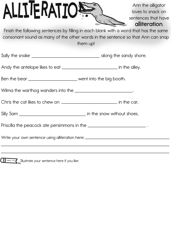 Help Ann the Alligator Write Sentences With Alliteration: A Fill-in-the-Blank Activity