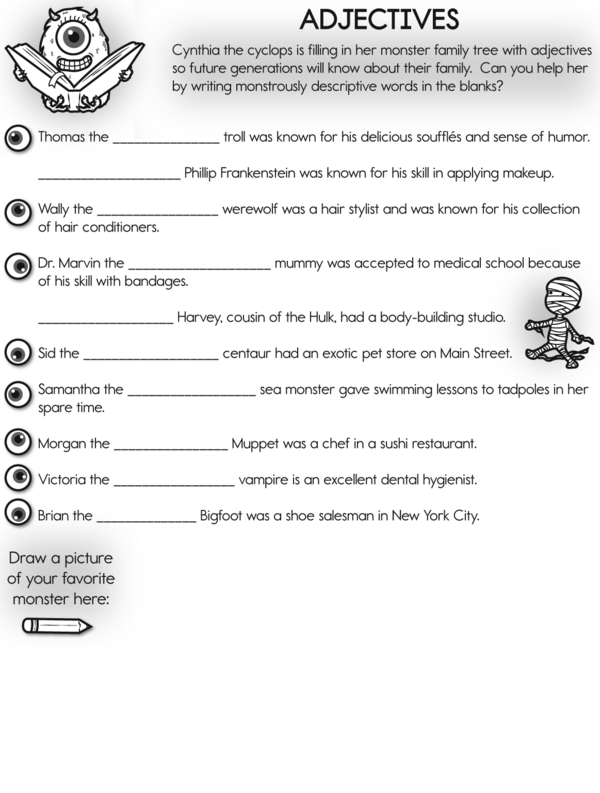 Help Cynthia the Cyclops Use Adjectives to Describe Her Family Workbook