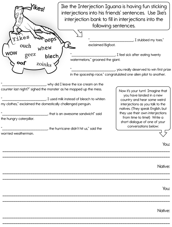 Help Ike the Interjection Iguana Finish the Sentences: A Fill-in-the-Blank Activity