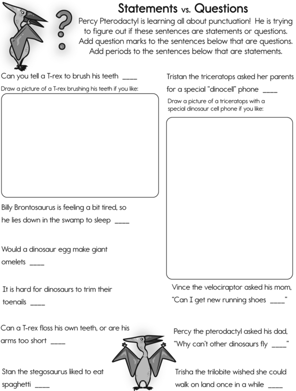 Help Percy Pterodactyl End Sentences With Periods and Question Marks: A Statements vs. Questions Activity