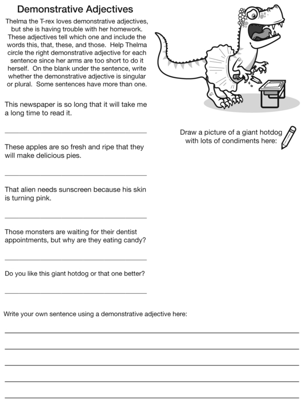 Help Thema the T-Rex Find Demonstrative Adjectives: An Underlining and Writing the Answer Worksheet