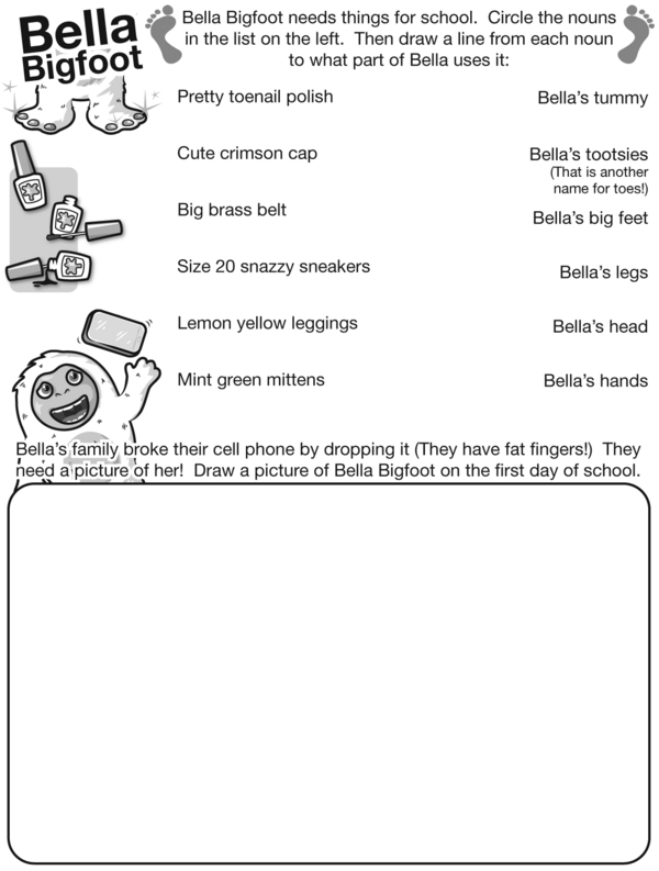 Helping Bella Bigfoot Find What She Needs for School: A Circling Nouns Worksheet
