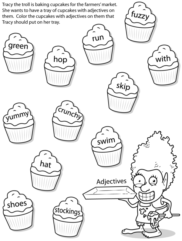 Helping Tracy the Troll Find Adjective Cupcakes: A Coloring Activity