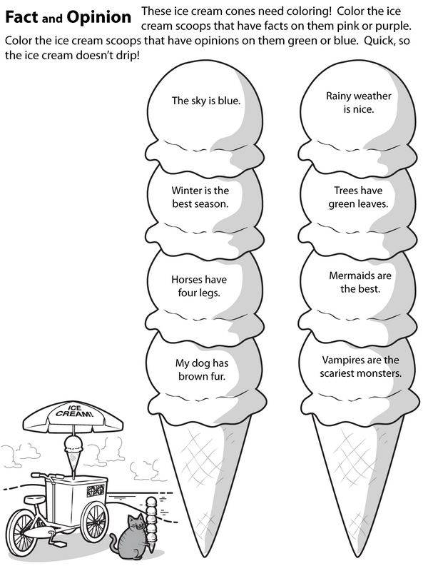 Identifying Facts and Opinions: Color in the Ice Cream Scoops Worksheet