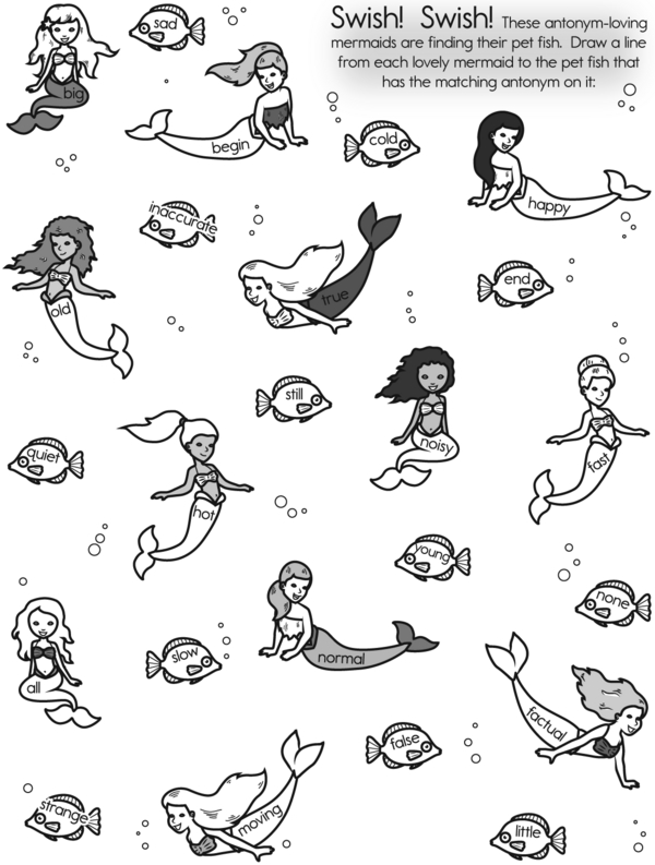 Match Mermaids to Fish: An Antonym Matching Worksheet