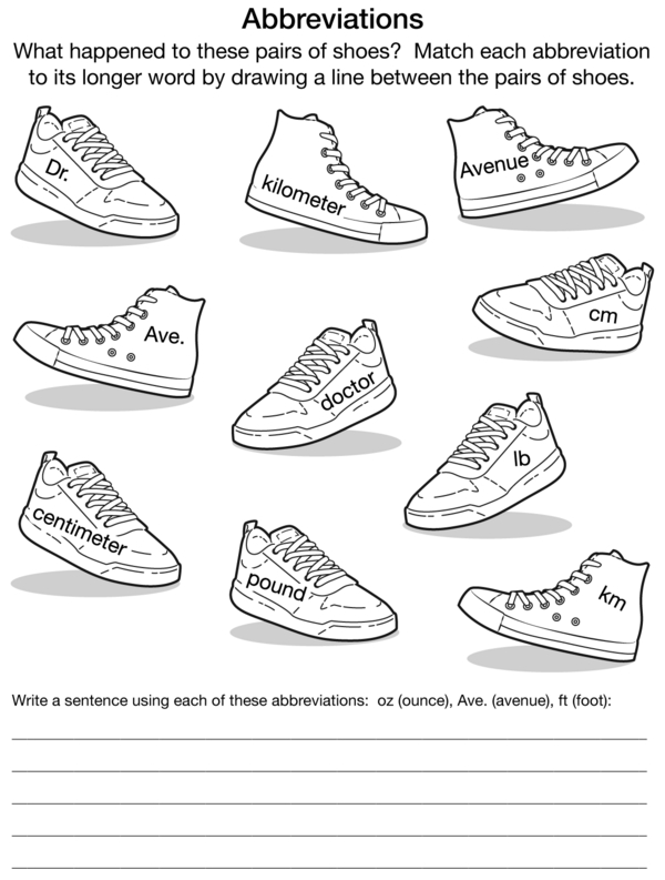 Match the Words on Shoes to Their Correct Abbreviation