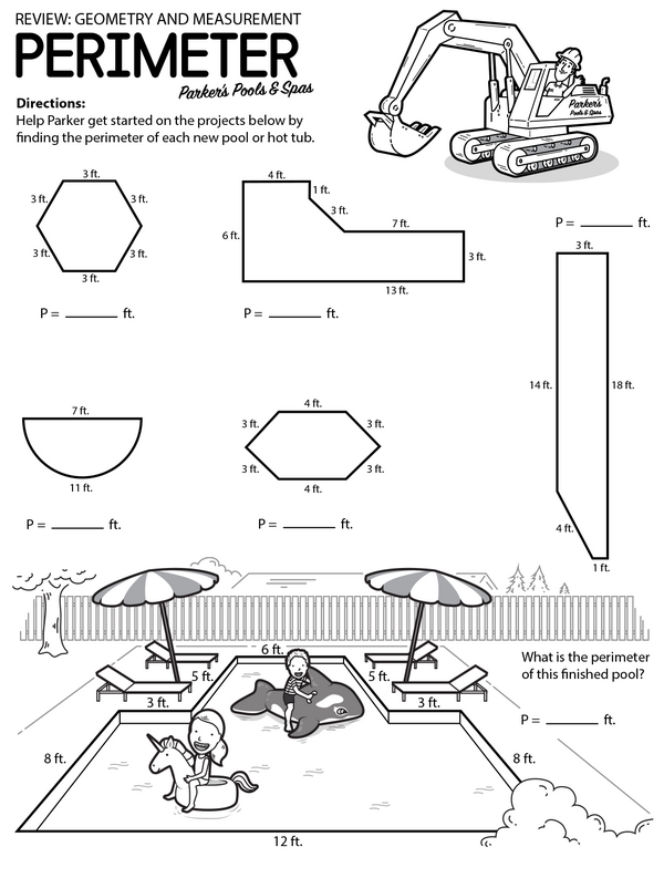Review Geometry and Measurement: Perimeter - Students Calculate Perimeters for Parker's Pool and Spa Designs