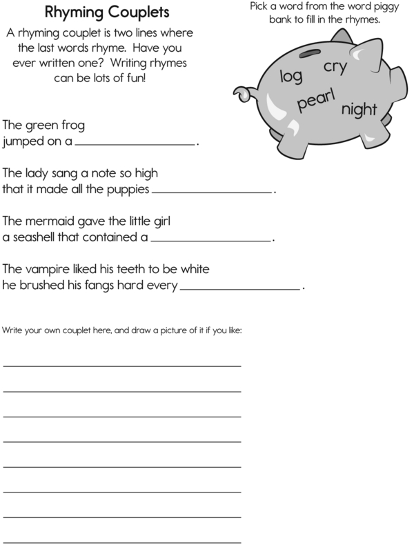 Use the Words in the Piggy Bank to Complete Rhyming Couplets