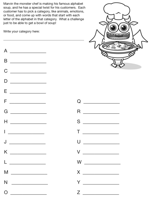 Words That Start With Each Letter of the Alphabet: A Vocabulary By Category Worksheet