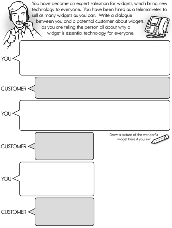 Write a Dialog as an Expert Salesperson Selling Widgets