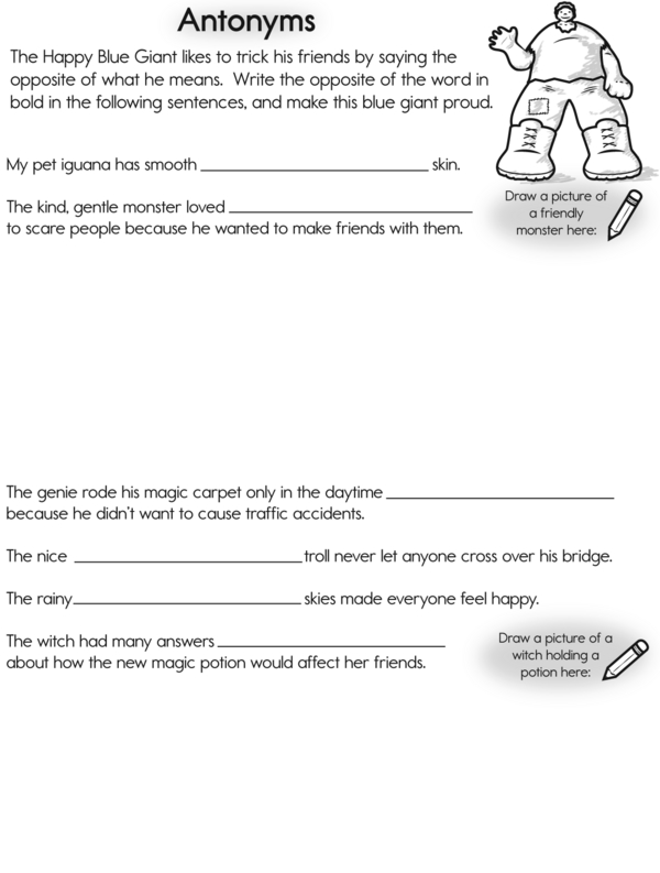 Write Sentences With Antonyms for the Happy Blue Giant