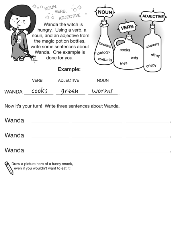 Writing Sentences With Verbs, Adjectives, and Nouns About Wanda the Witch