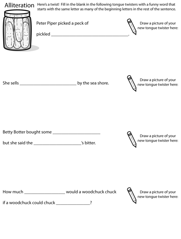 Writing Silly Tongue Twisters With Alliteration: A Fill-in-the-Blank Worksheet
